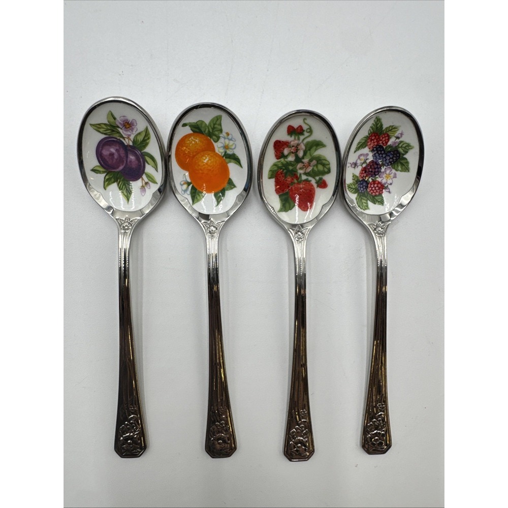 VTG Avon 1981 Fruit Spoon Set 4 Stainless Steel Enamel Bowl Jelly Spoons Japan